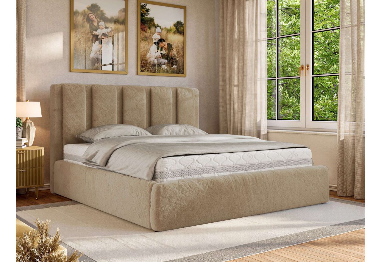 Łóżko tapicerowane SAVINO CLASSIC 200x200 - materac pocket - beżowy, plusz