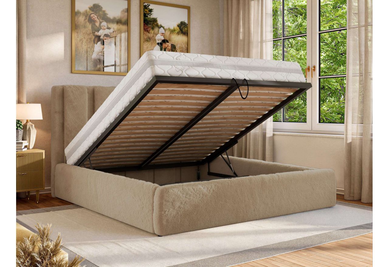Łóżko tapicerowane SAVINO CLASSIC 140x200 - materac multipocket - beżowy, plusz