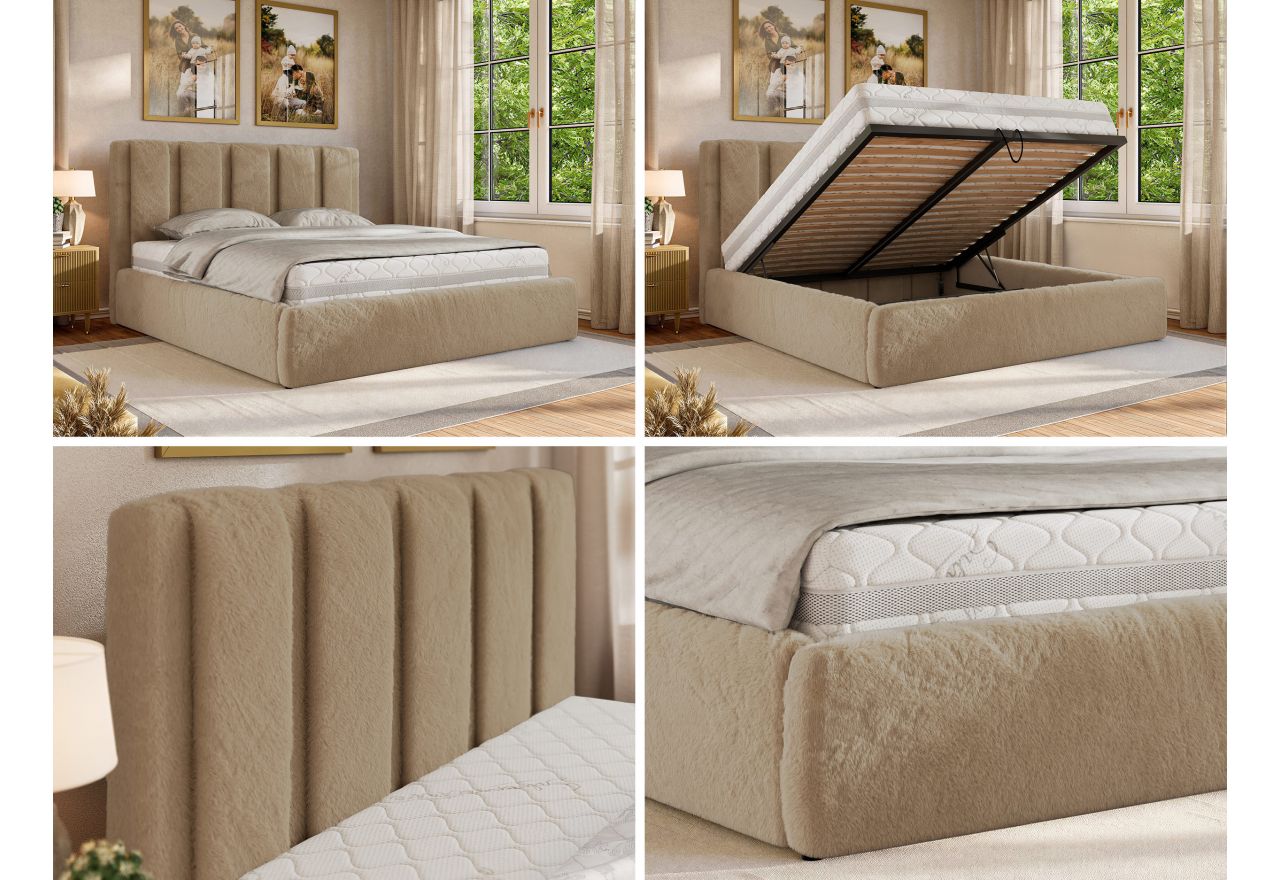 Łóżko tapicerowane SAVINO CLASSIC 140x200 - materac multipocket - beżowy, plusz