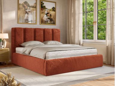 Łóżko tapicerowane SAVINO CLASSIC 140x200 - materac piankowy - pomarańczowy, plusz