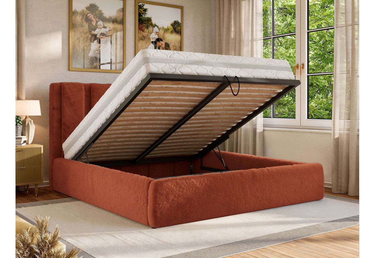 Łóżko tapicerowane SAVINO CLASSIC 200x200 - materac pocket - pomarańczowy, plusz