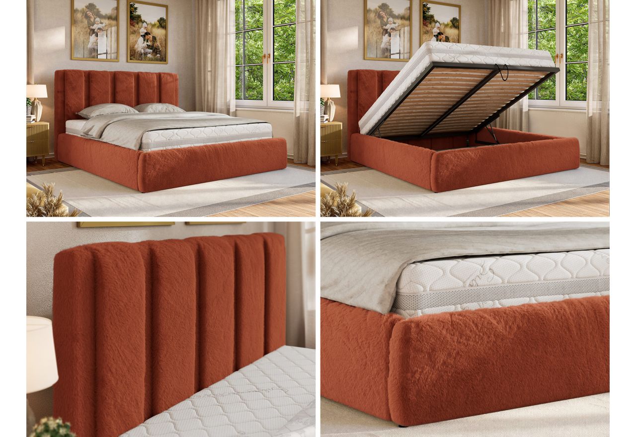Łóżko tapicerowane SAVINO CLASSIC 140x200 - materac multipocket - pomarańczowy, plusz