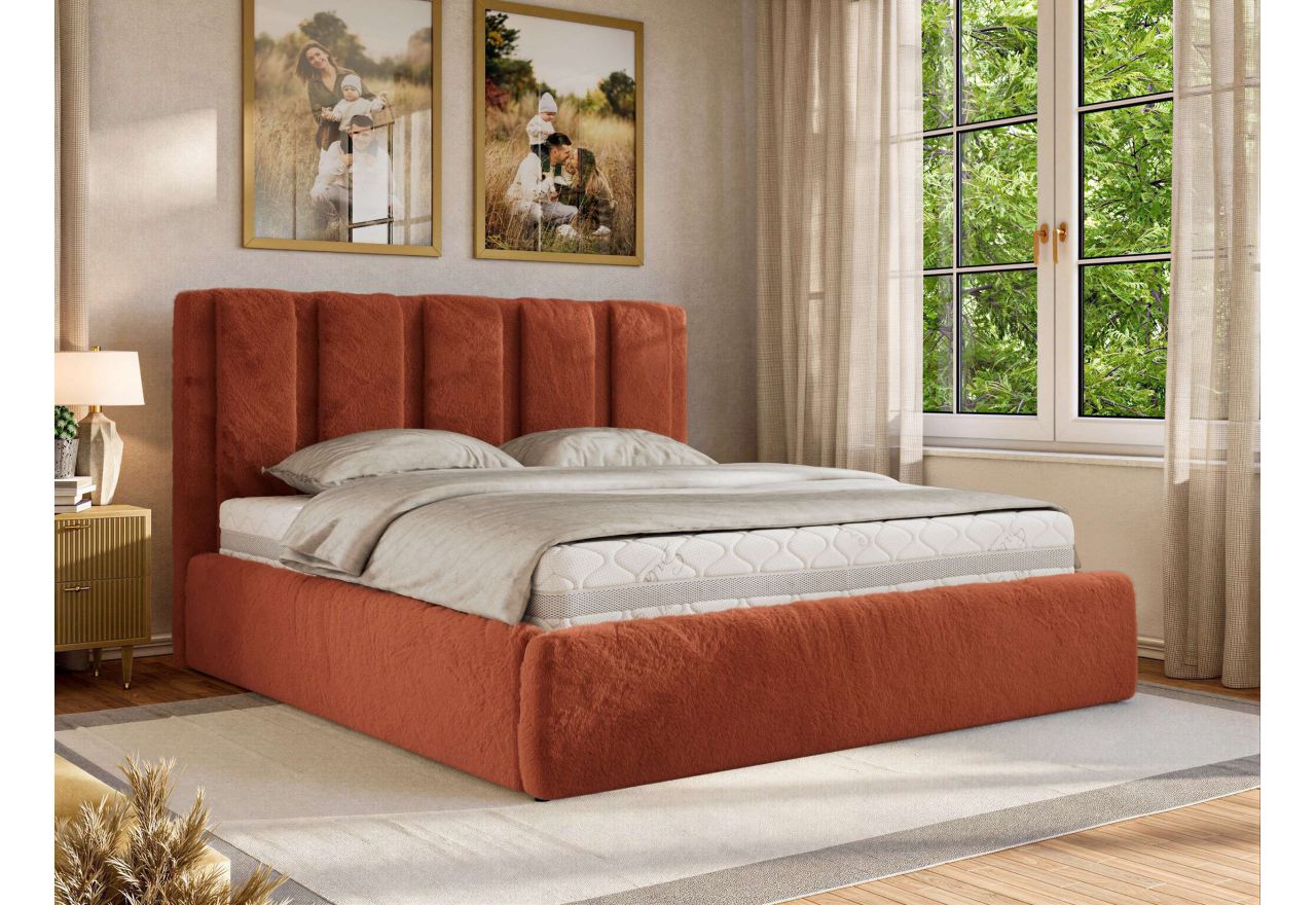 Łóżko tapicerowane SAVINO CLASSIC 200x200 - materac multipocket - pomarańczowy, plusz