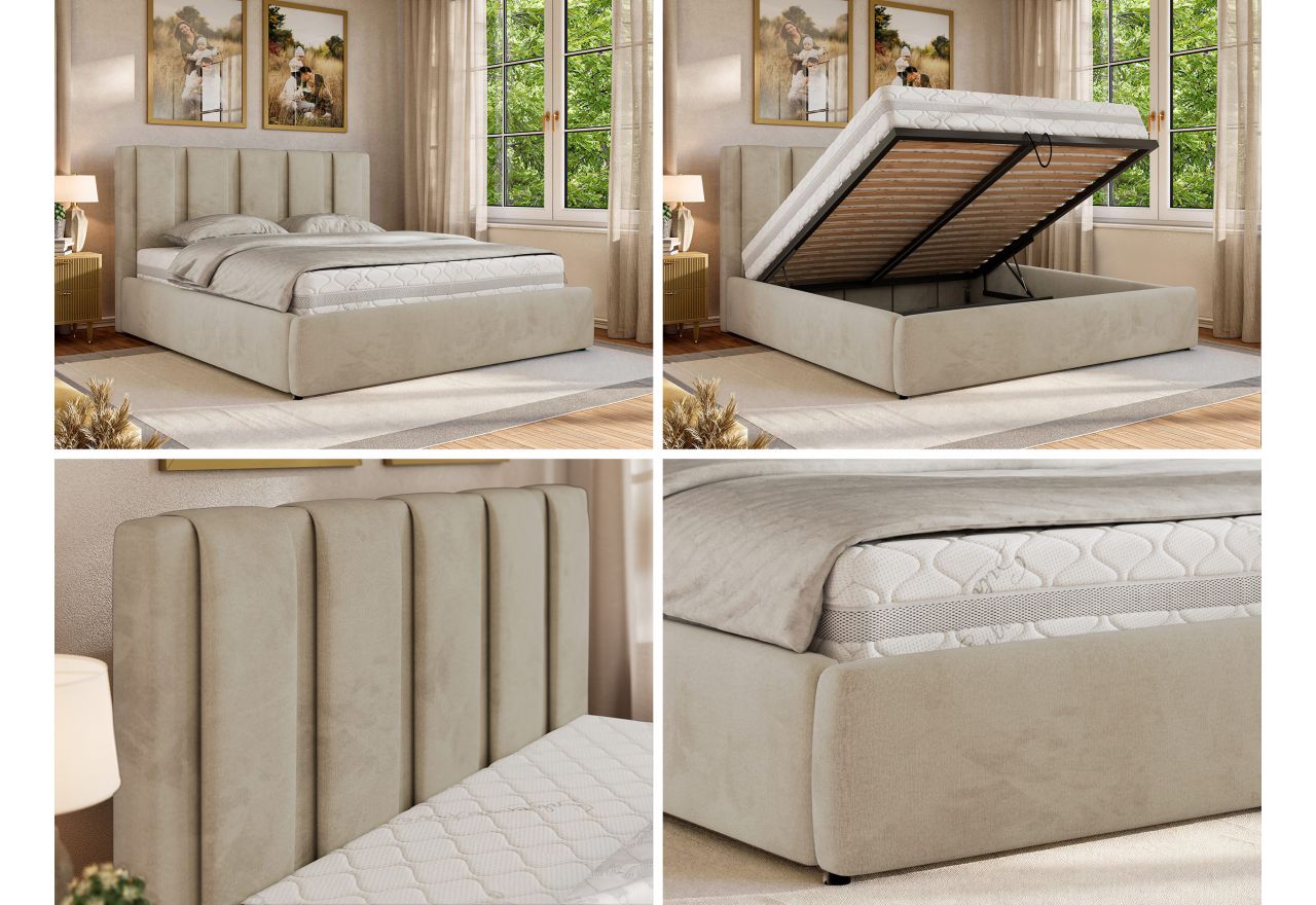 Łóżko tapicerowane SAVINO CLASSIC 200x200 - materac pocket - beżowy, welwet