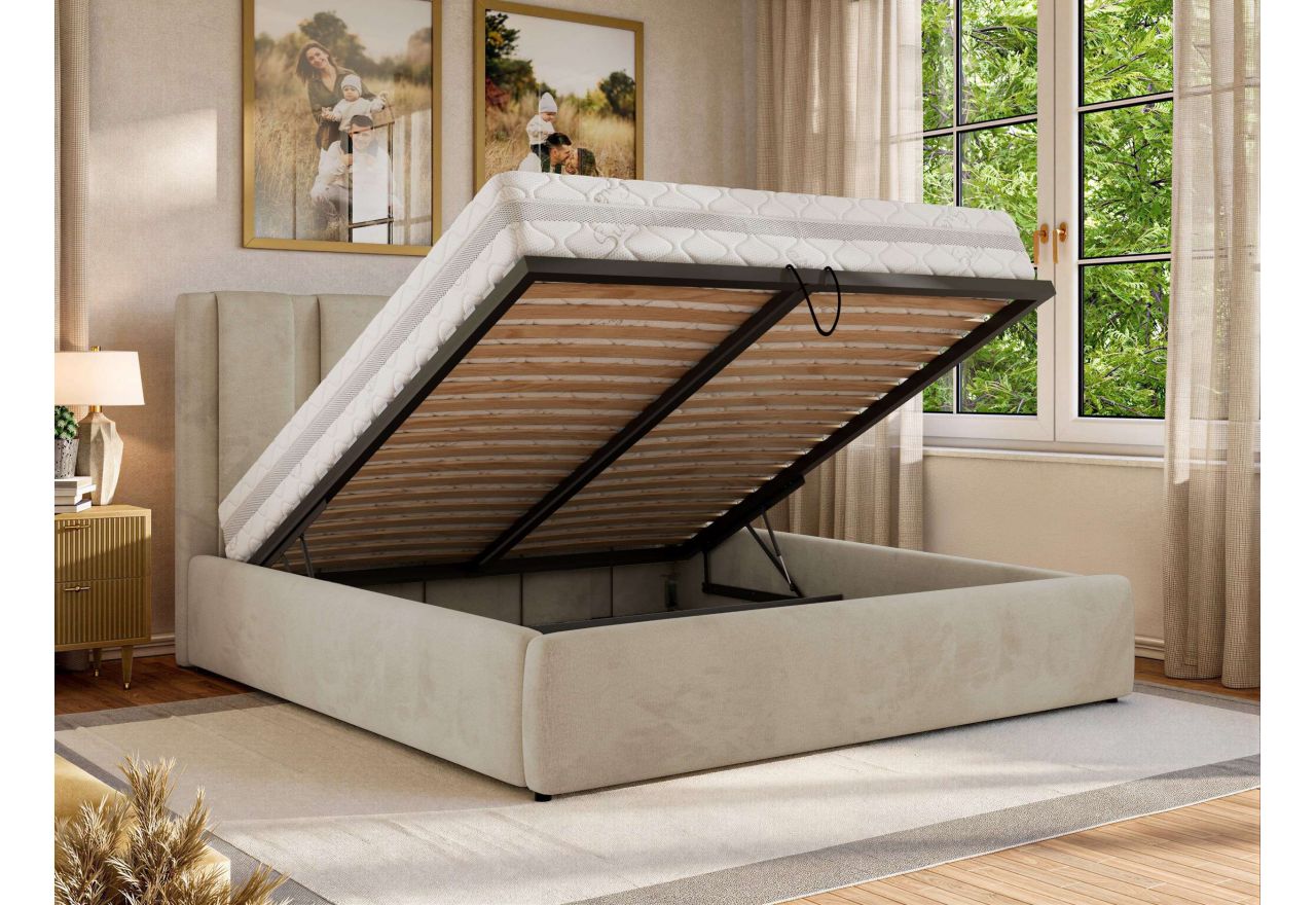 Łóżko tapicerowane SAVINO CLASSIC 200x200 - materac multipocket - beżowy, welwet