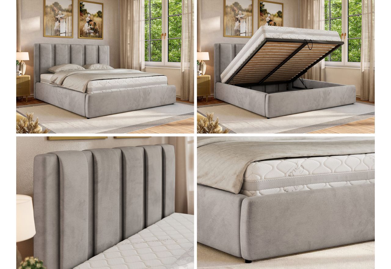 Łóżko tapicerowane SAVINO CLASSIC 140x200 - materac multipocket - jasnoszary, welwet