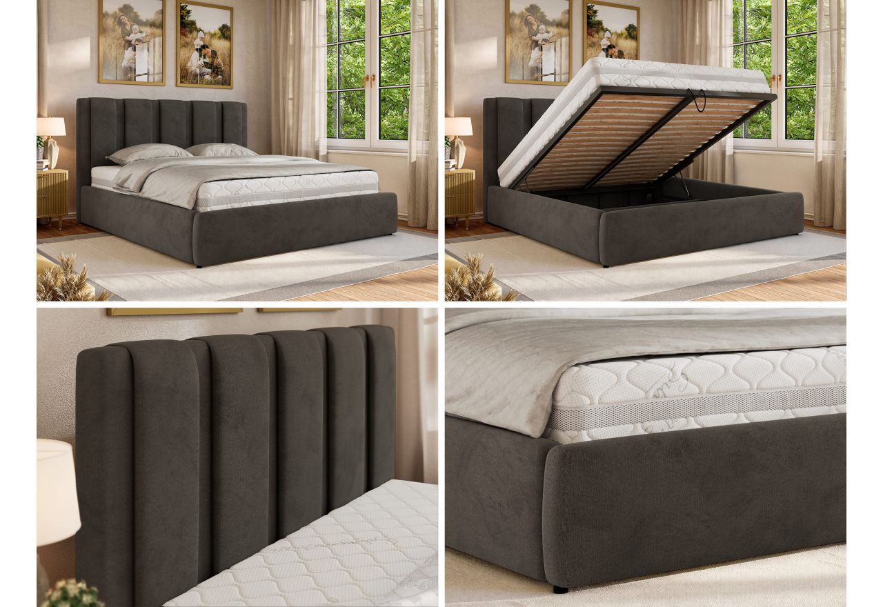 Łóżko tapicerowane SAVINO CLASSIC 200x200 - materac pocket - ciemnoszary, welwet
