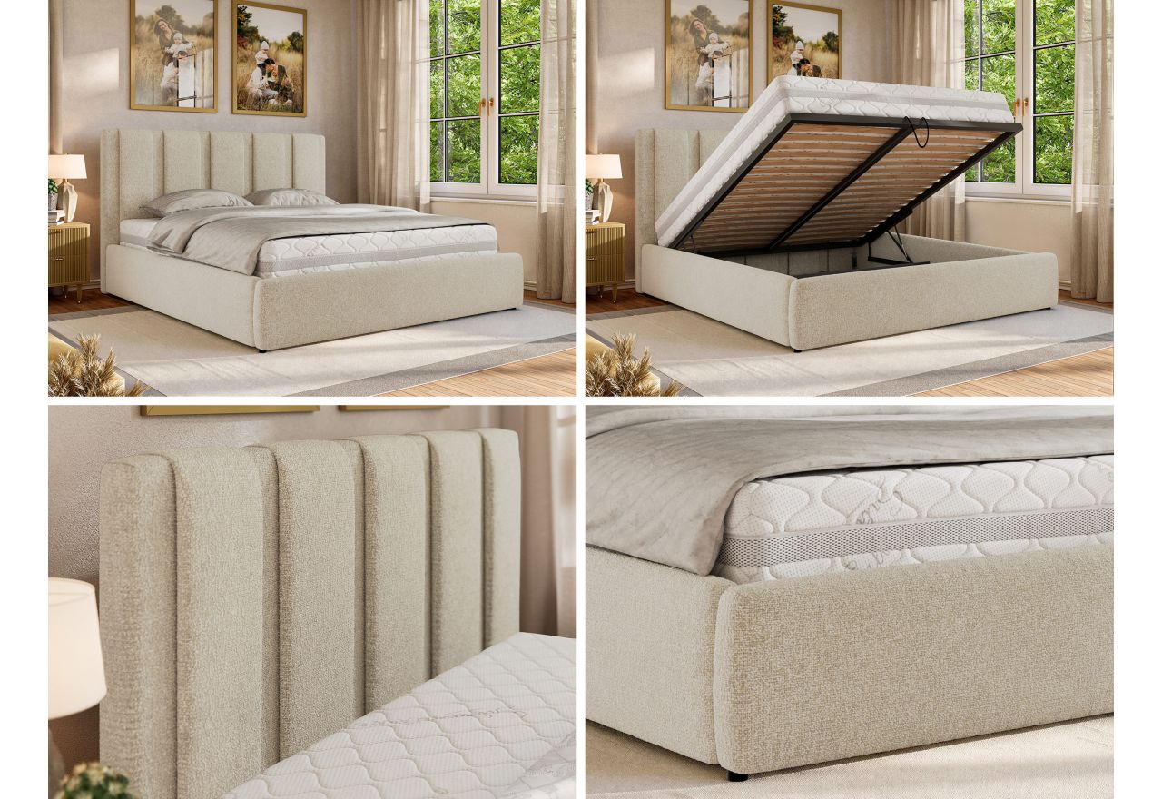 Łóżko tapicerowane SAVINO CLASSIC 200x200 - materac pocket - kremowy, struktura