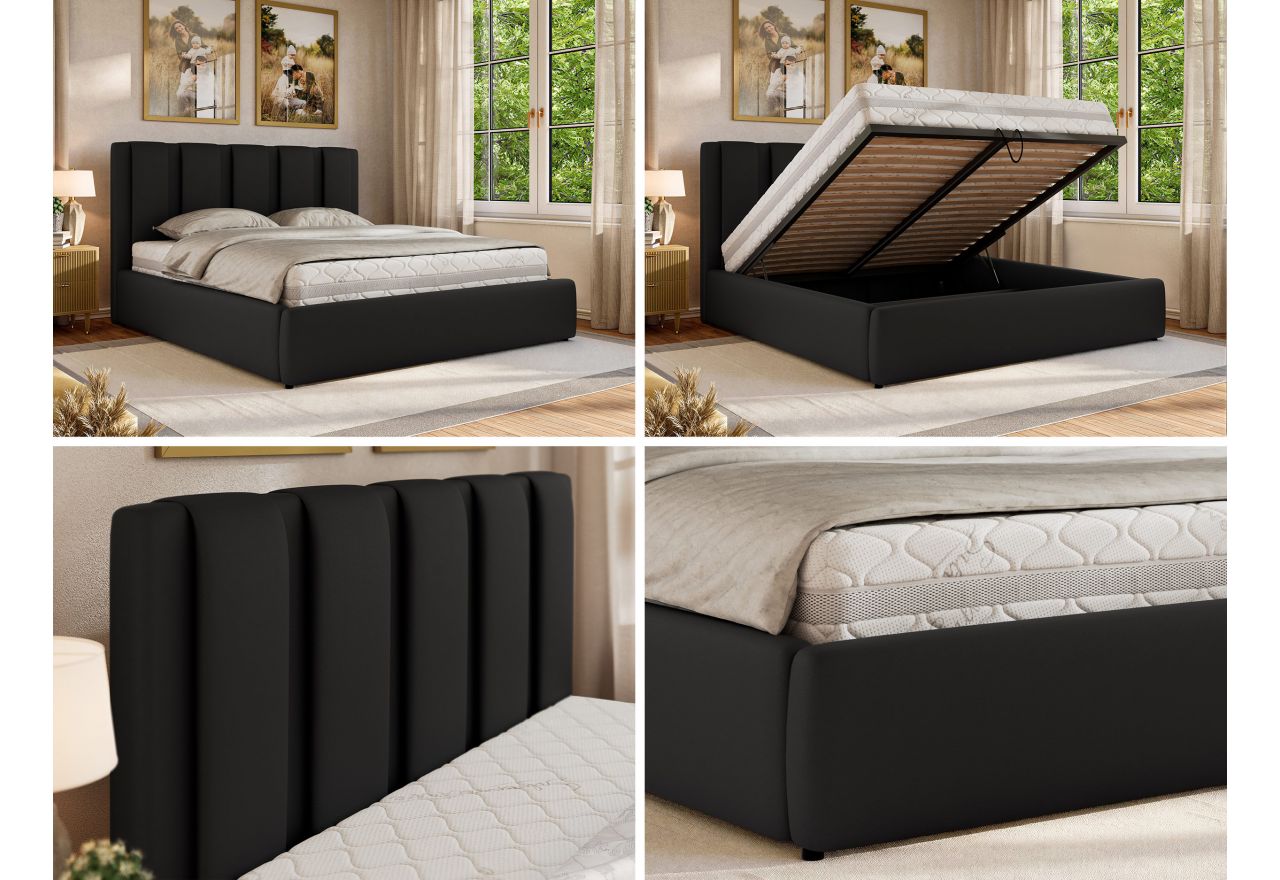 Łóżko tapicerowane SAVINO CLASSIC 200x200 - materac pocket - czarny, ekoskóra