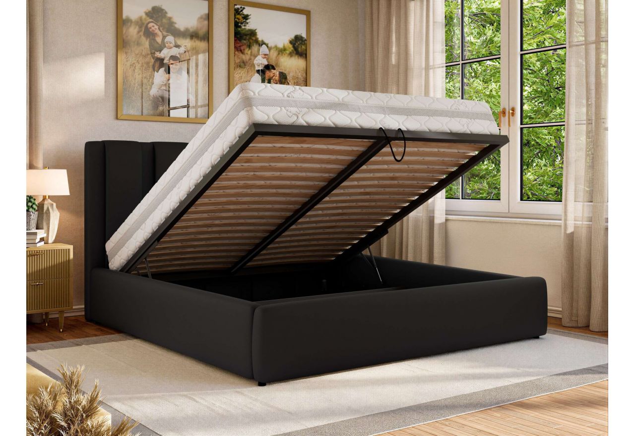 Łóżko tapicerowane SAVINO CLASSIC 140x200 - materac multipocket - czarny, ekoskóra