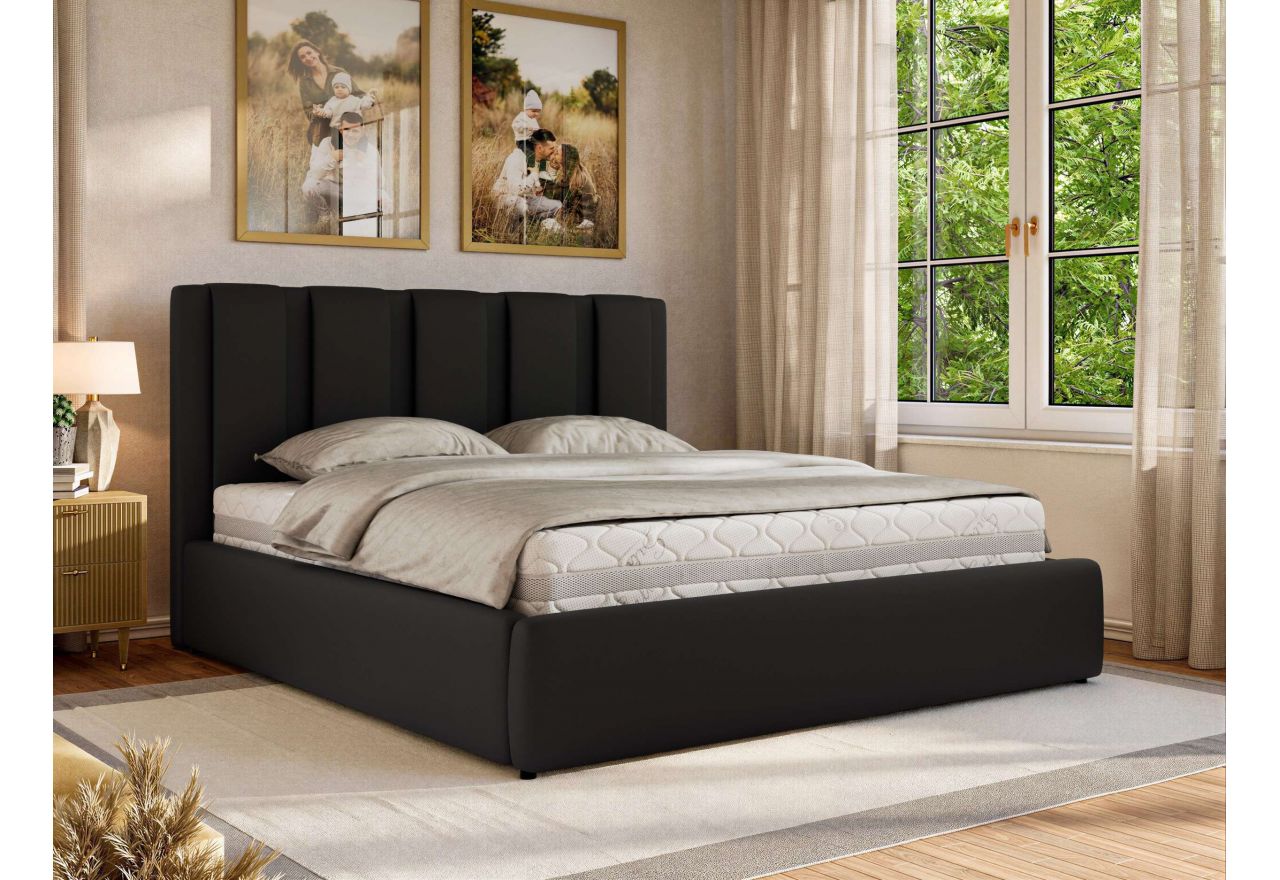 Łóżko tapicerowane SAVINO CLASSIC 180x200 - materac multipocket - czarny, ekoskóra