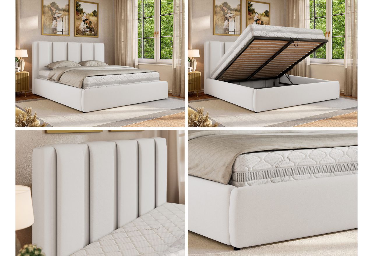 Łóżko tapicerowane SAVINO CLASSIC 180x200 - materac pocket - biały, ekoskóra