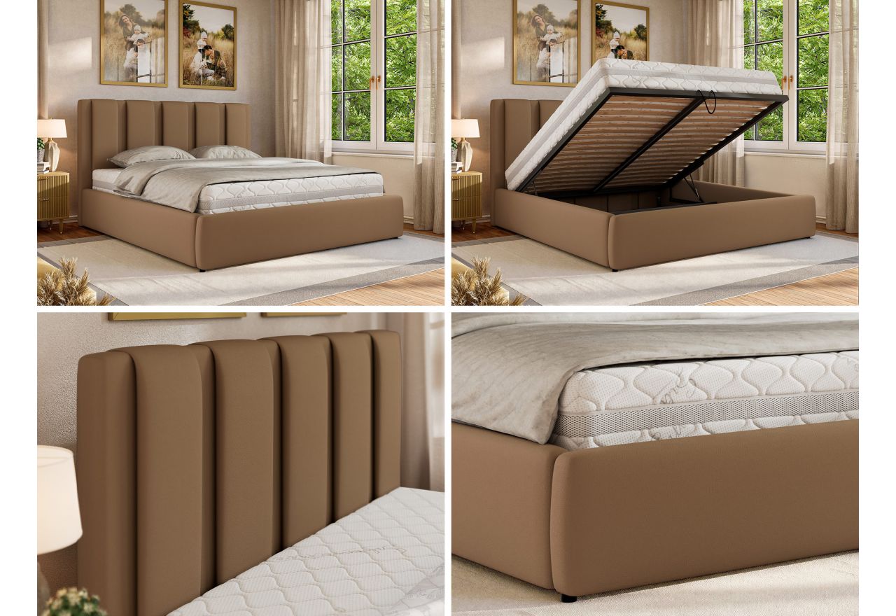 Łóżko tapicerowane SAVINO CLASSIC 160x200 - materac pocket - brązowy, ekoskóra