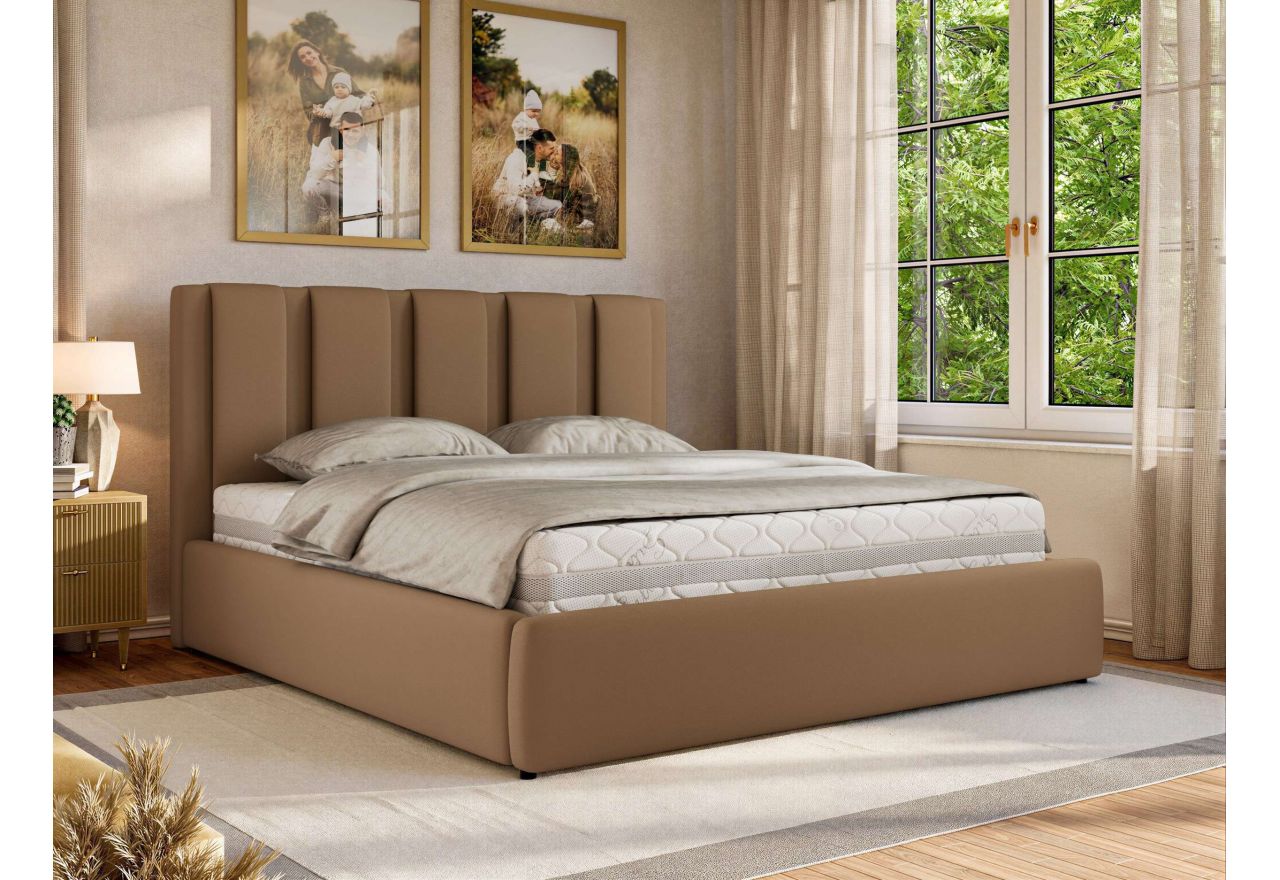 Łóżko tapicerowane SAVINO CLASSIC 160x200 - materac multipocket - brązowy, ekoskóra