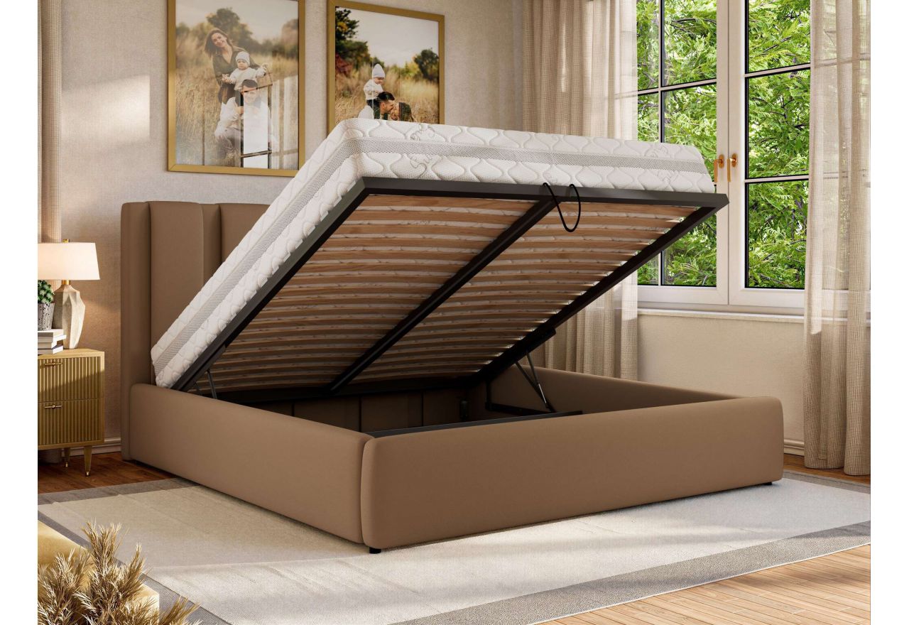 Łóżko tapicerowane SAVINO CLASSIC 180x200 - materac multipocket - brązowy, ekoskóra