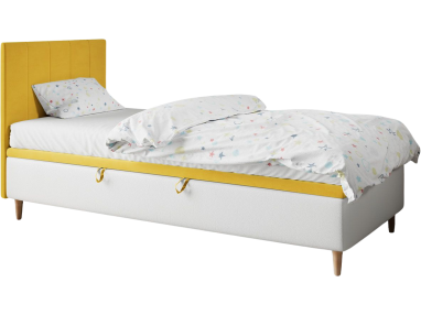 Biało-żółte łóżko kontynentalne do pokoju dziecka, pojedyncze z pojemnikiem na pościel - STAŚ 1 Magic Velvet 2228 / Madryt 920