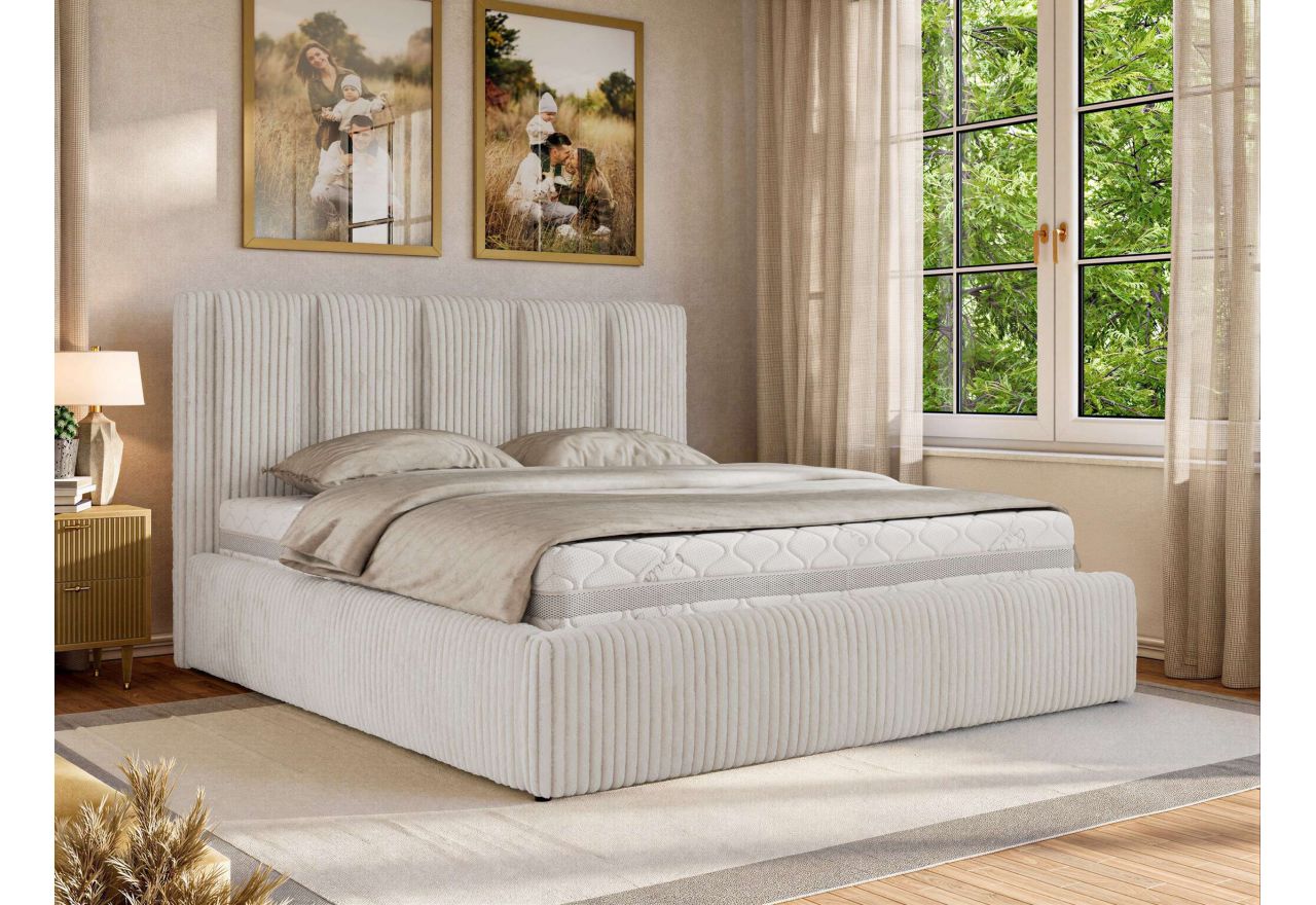 Łóżko tapicerowane SAVINO CLASSIC 200x200 - materac pocket - beżowy, sztruks