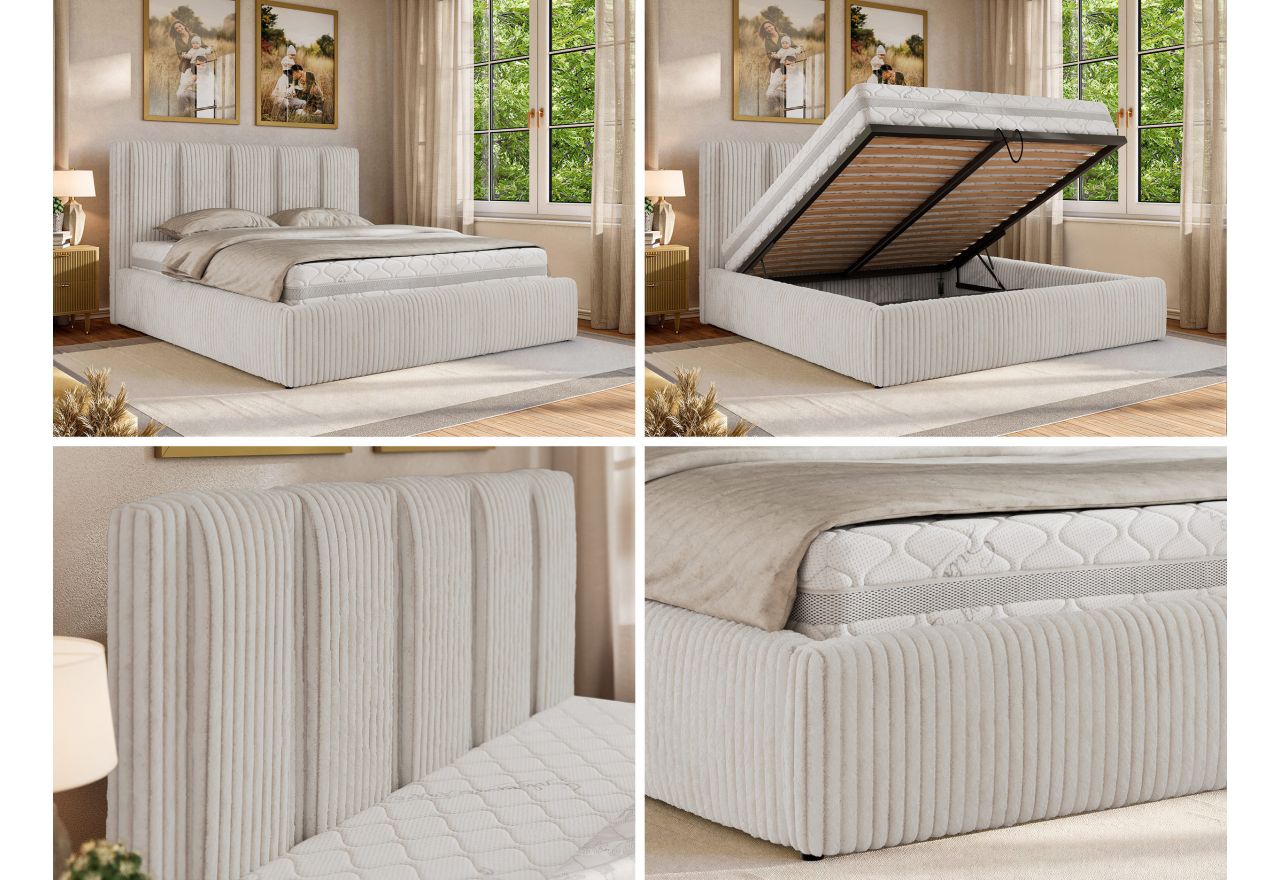 Łóżko tapicerowane SAVINO CLASSIC 140x200 - materac multipocket - beżowy, sztruks