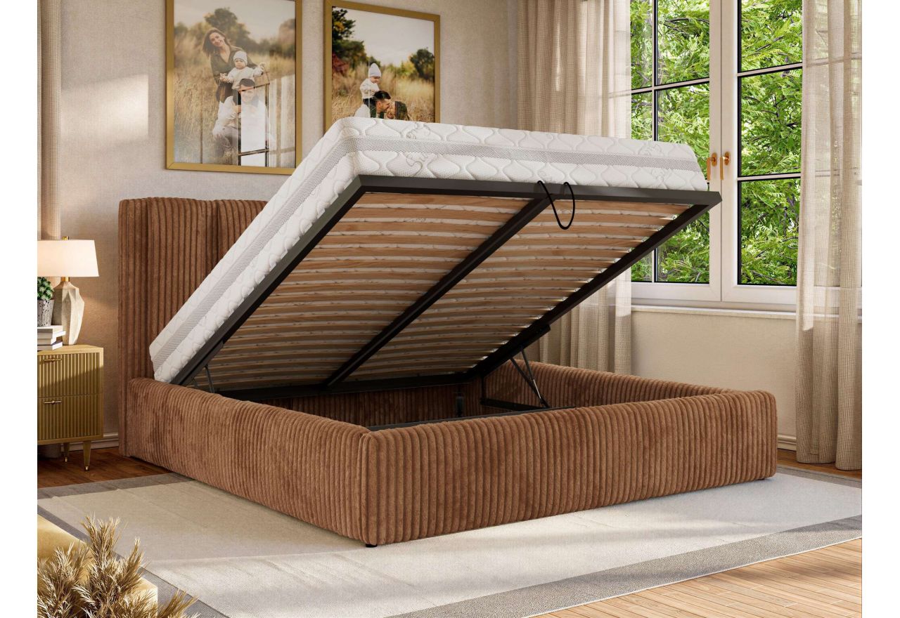 Łóżko tapicerowane SAVINO CLASSIC 160x200 - materac multipocket - pomarańczowy, sztruks