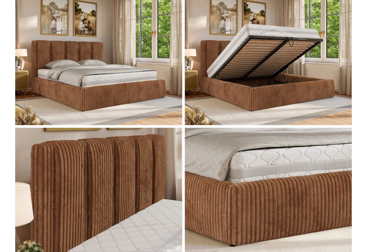 Łóżko tapicerowane SAVINO CLASSIC 160x200 - materac multipocket - pomarańczowy, sztruks