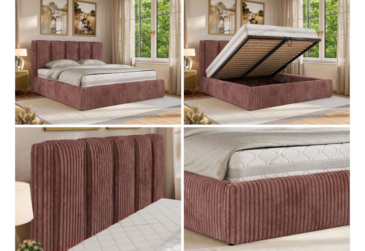 Łóżko tapicerowane SAVINO CLASSIC 200x200 - materac piankowy - różowy, sztruks