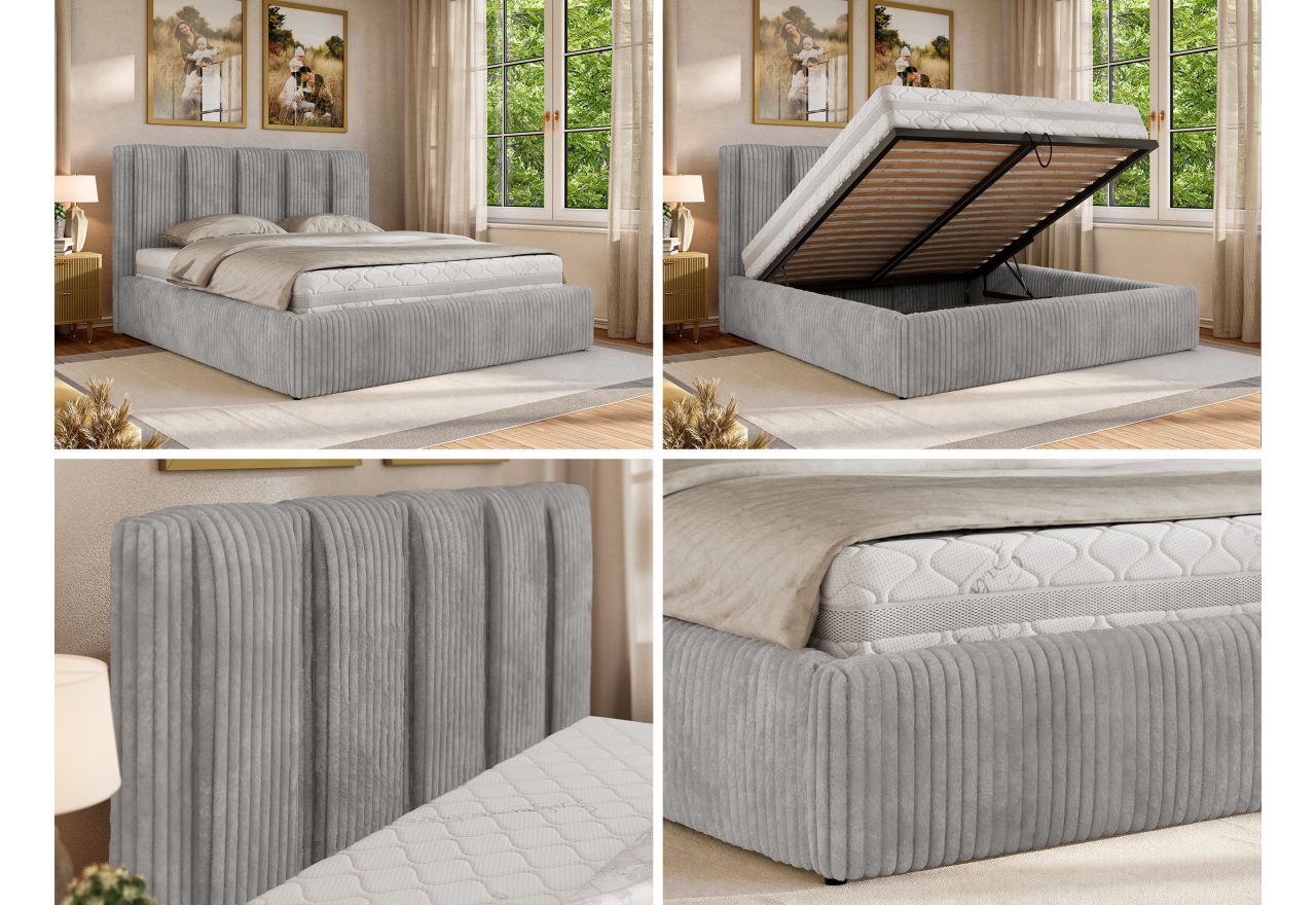Łóżko tapicerowane SAVINO CLASSIC 140x200 - materac pocket - jasnoszary, sztruks