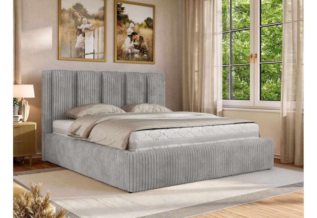 Łóżko tapicerowane SAVINO CLASSIC 160x200 - materac multipocket - jasnoszary, sztruks