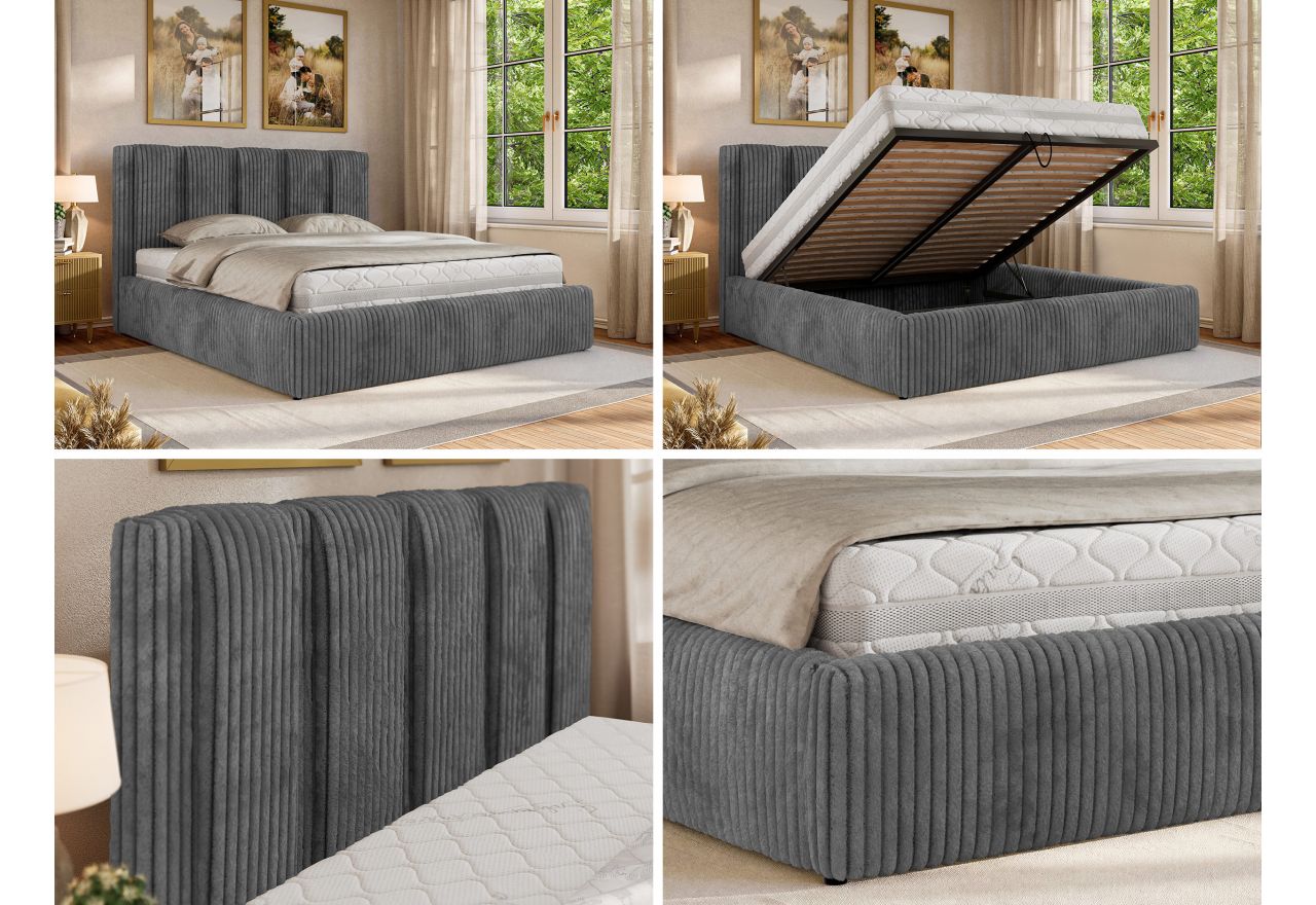 Łóżko tapicerowane SAVINO CLASSIC 160x200 - materac multipocket - szary, sztruks