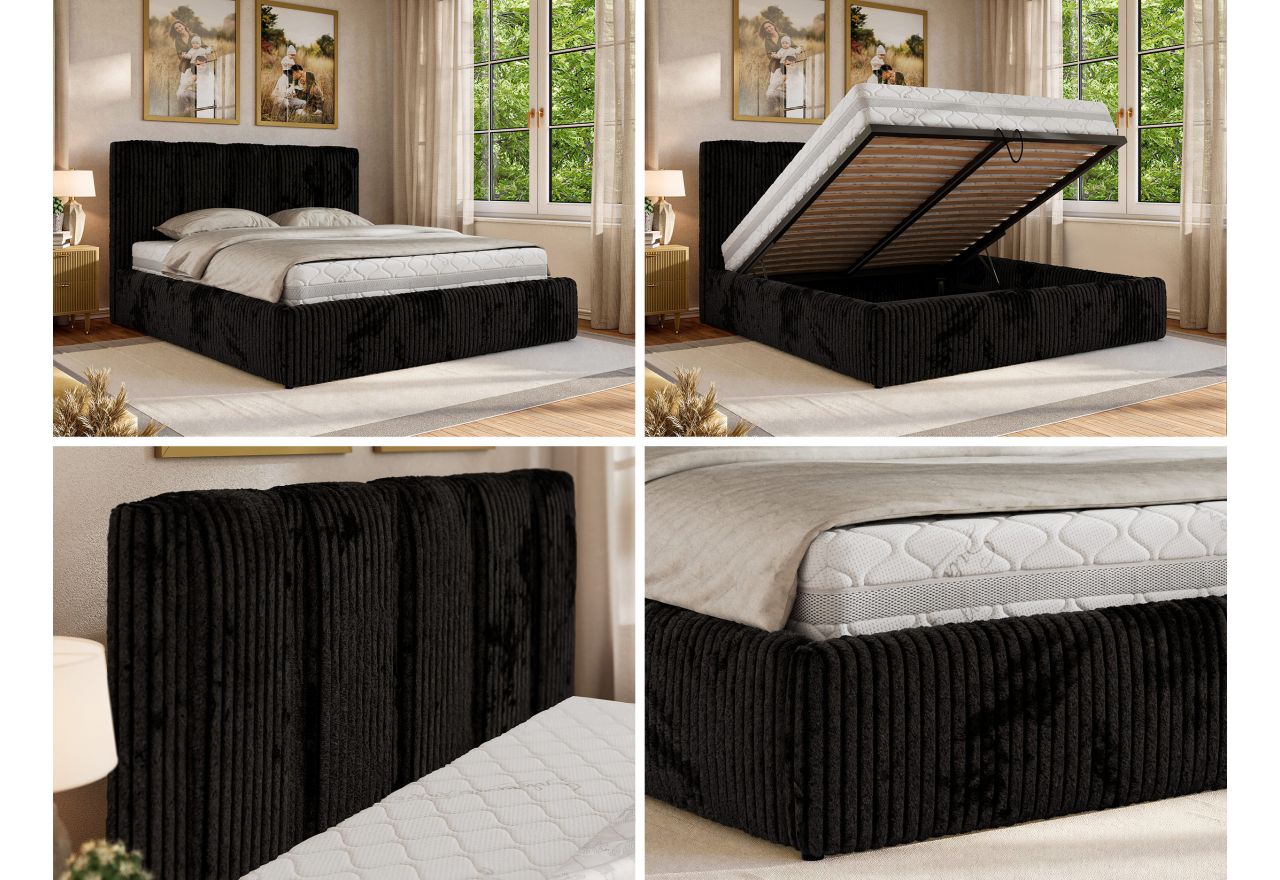Łóżko tapicerowane SAVINO CLASSIC 200x200 - materac piankowy - czarny, sztruks