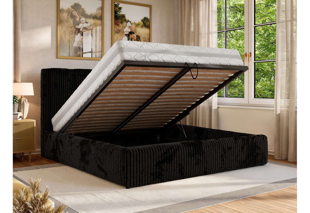 Łóżko tapicerowane SAVINO CLASSIC 140x200 - materac pocket - czarny, sztruks
