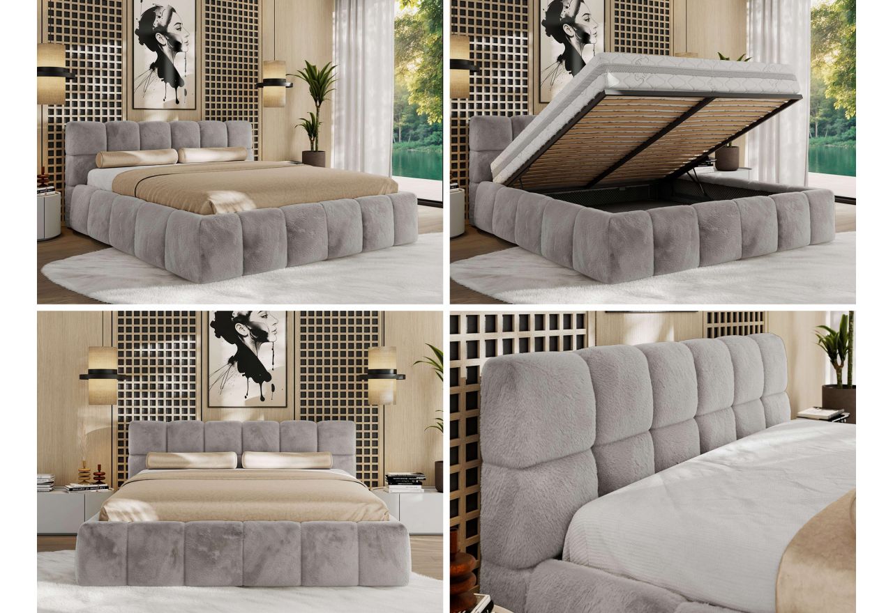 Łóżko tapicerowane NIRA CLASSIC 140x200 - materac multipocket - jasnoszary, plusz