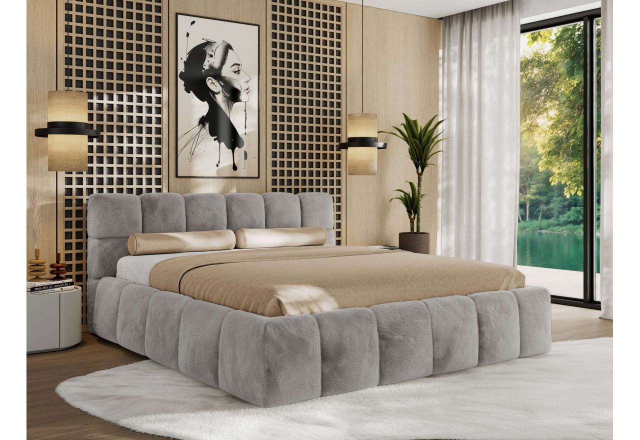 Łóżko tapicerowane NIRA CLASSIC 160x200 - materac multipocket - jasnoszary, plusz