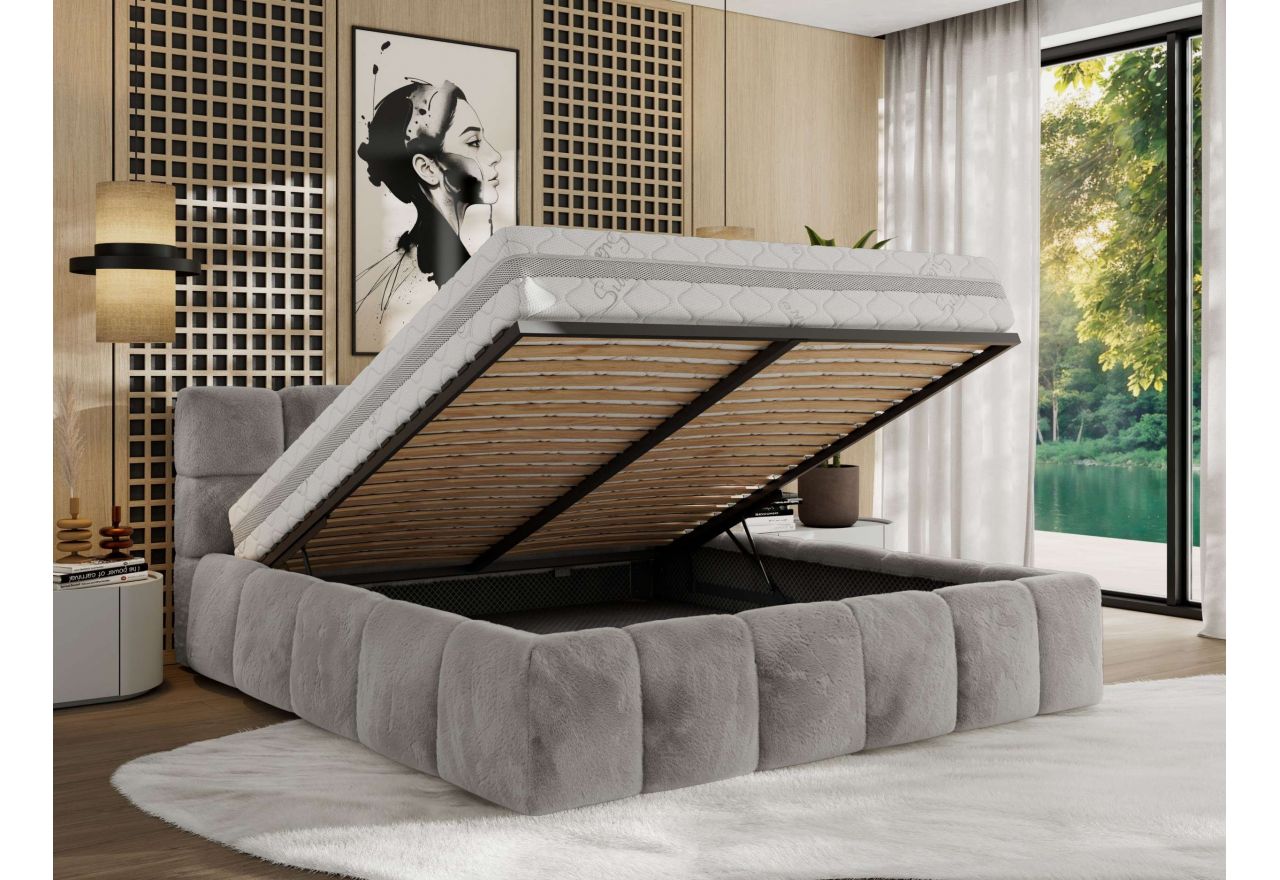 Łóżko tapicerowane NIRA CLASSIC 160x200 - materac multipocket - jasnoszary, plusz