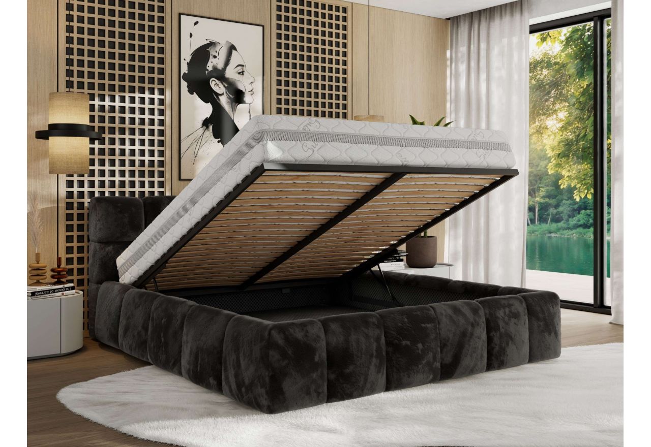 Łóżko tapicerowane NIRA CLASSIC 200x200 - materac pocket - ciemnoszary, plusz