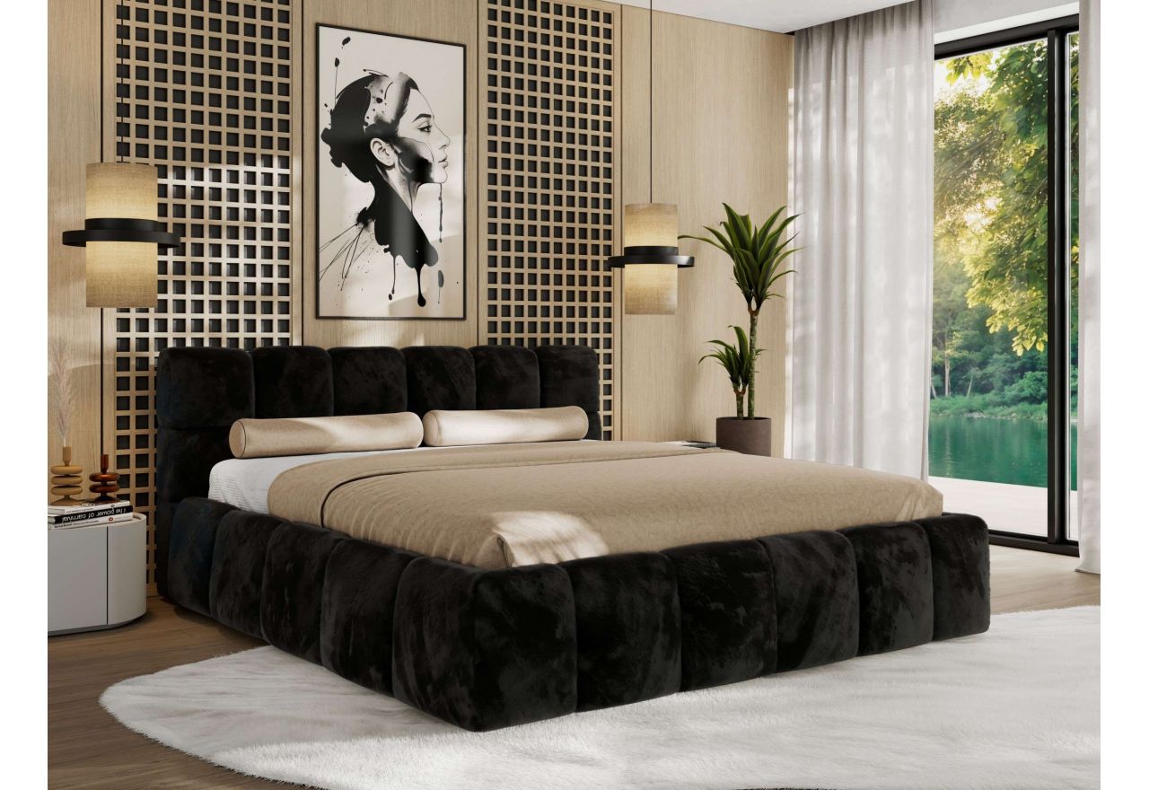 Łóżko tapicerowane NIRA CLASSIC 160x200 - materac pocket - czarny, plusz