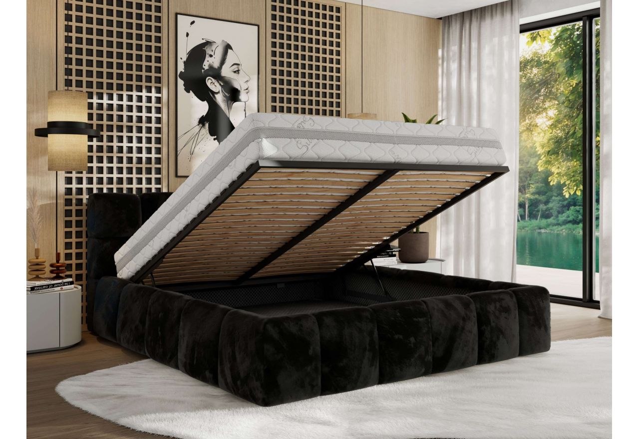 Łóżko tapicerowane NIRA CLASSIC 180x200 - materac pocket - czarny, plusz