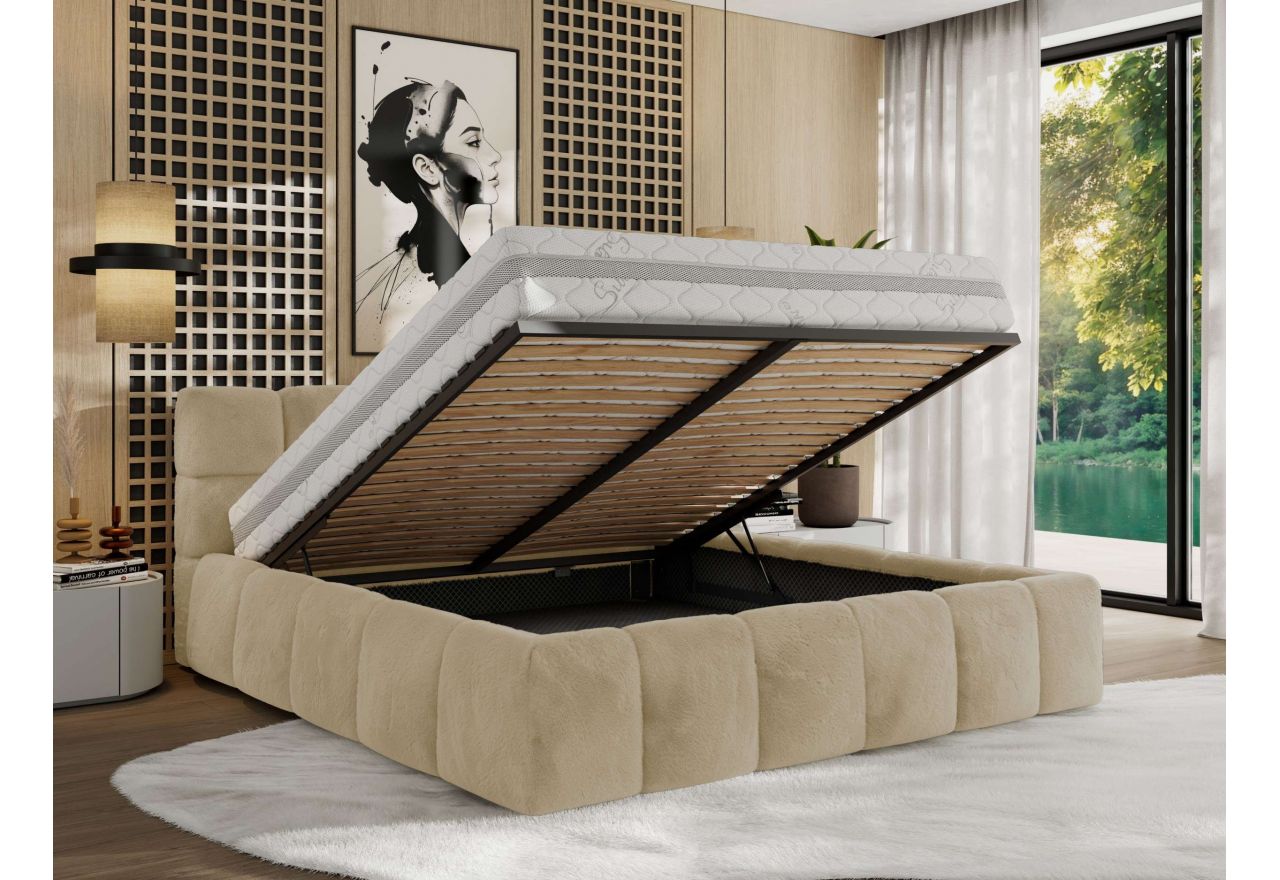 Łóżko tapicerowane NIRA CLASSIC 180x200 - materac piankowy - kremowy, plusz