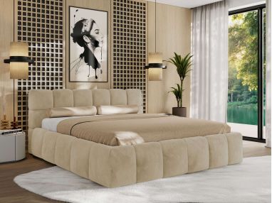 Łóżko tapicerowane NIRA CLASSIC 160x200 - materac pocket - kremowy, plusz