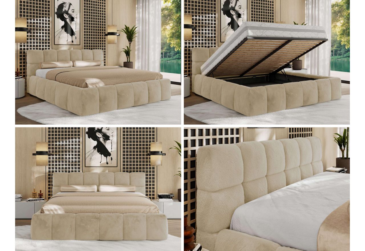 Łóżko tapicerowane NIRA CLASSIC 200x200 - materac multipocket - kremowy, plusz
