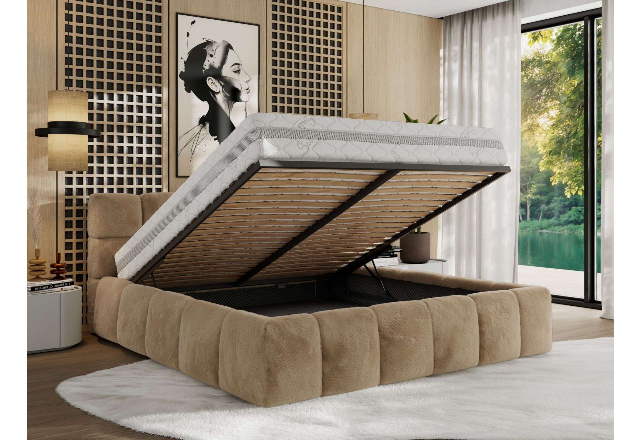 Łóżko tapicerowane NIRA CLASSIC 160x200 - materac multipocket - beżowy, plusz