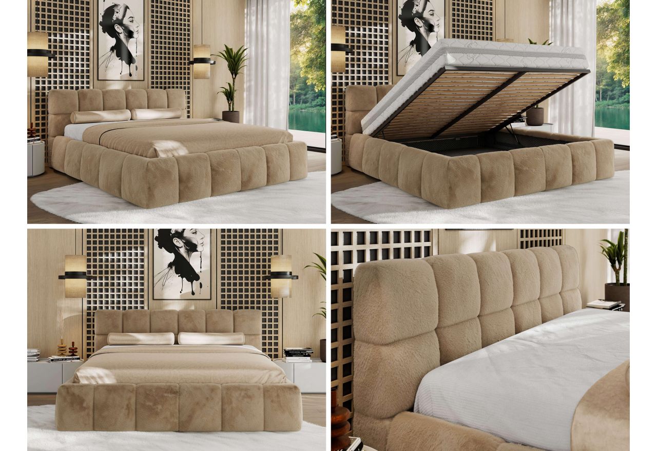 Łóżko tapicerowane NIRA CLASSIC 200x200 - materac multipocket - beżowy, plusz