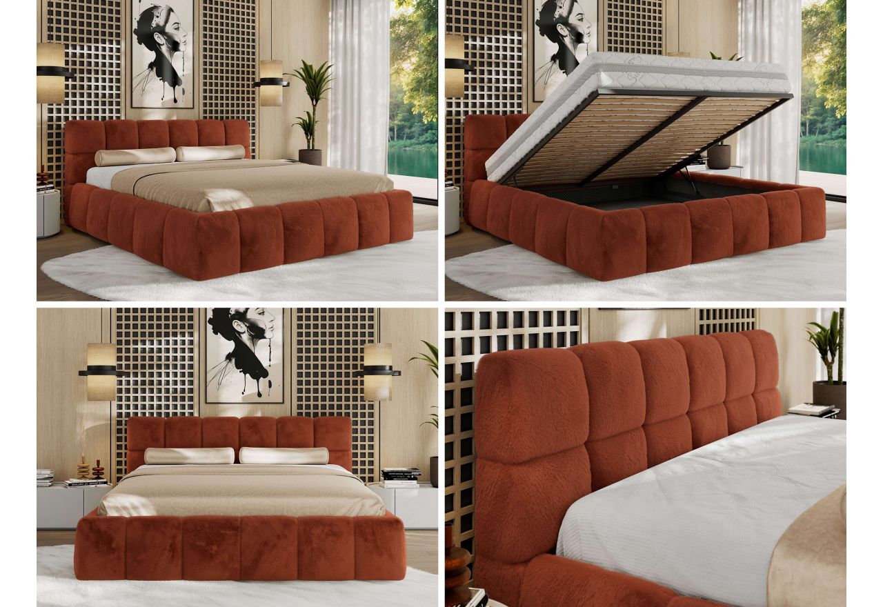 Łóżko tapicerowane NIRA CLASSIC 180x200 - materac piankowy - pomarańczowy, plusz