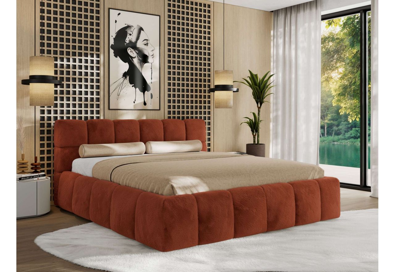 Łóżko tapicerowane NIRA CLASSIC 140x200 - materac pocket - pomarańczowy, plusz