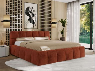 Łóżko tapicerowane NIRA CLASSIC 160x200 - materac pocket - pomarańczowy, plusz