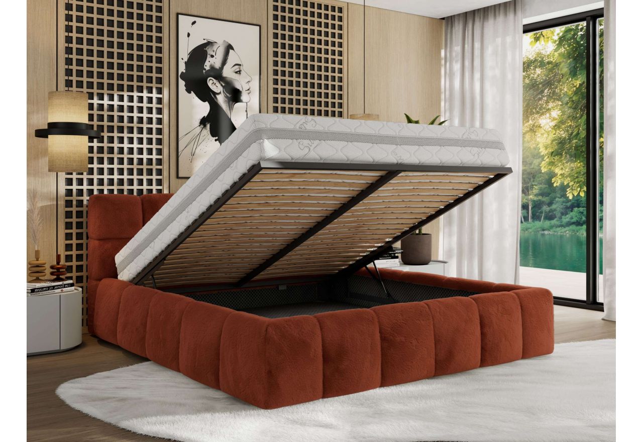 Łóżko tapicerowane NIRA CLASSIC 180x200 - materac multipocket - pomarańczowy, plusz