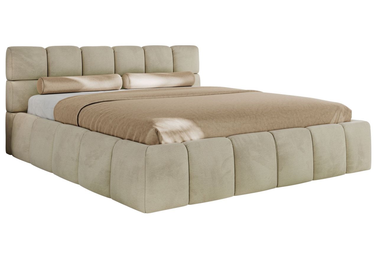 Łóżko tapicerowane NIRA CLASSIC 200x200 - materac piankowy - beżowy, welwet