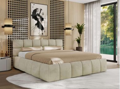Łóżko tapicerowane NIRA CLASSIC 160x200 - materac pocket - beżowy, welwet