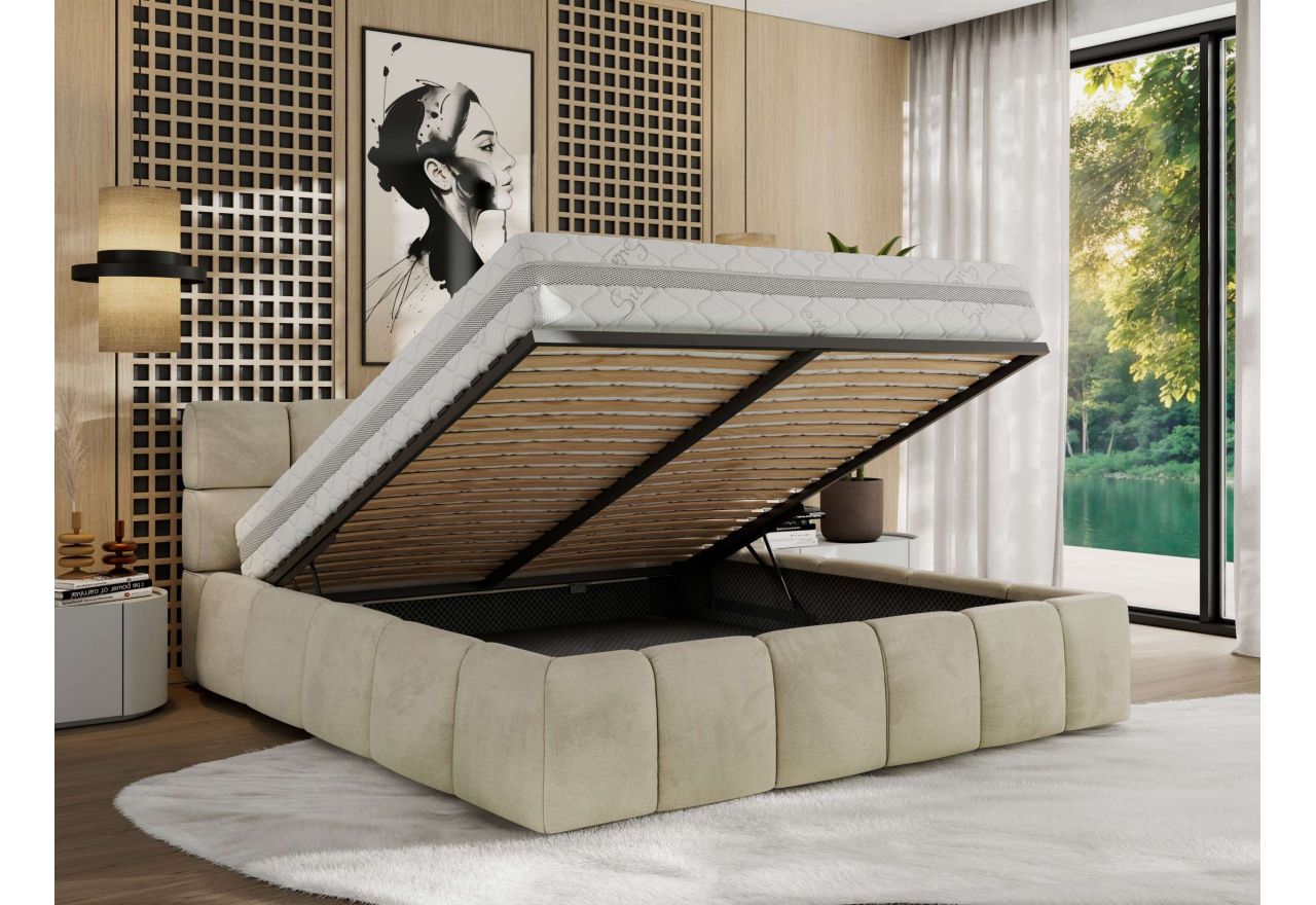 Łóżko tapicerowane NIRA CLASSIC 180x200 - materac multipocket - beżowy, welwet