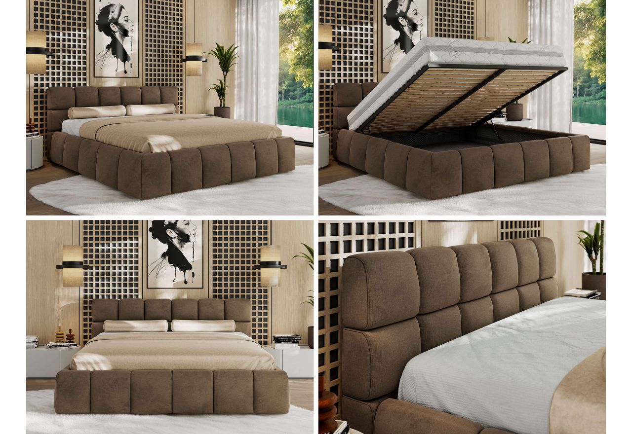 Łóżko tapicerowane NIRA CLASSIC 200x200 - materac multipocket - brązowy, welwet