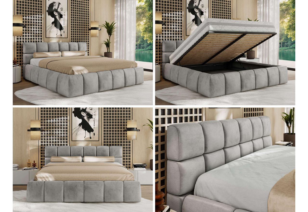Łóżko tapicerowane NIRA CLASSIC 200x200 - materac piankowy - jasnoszary, welwet